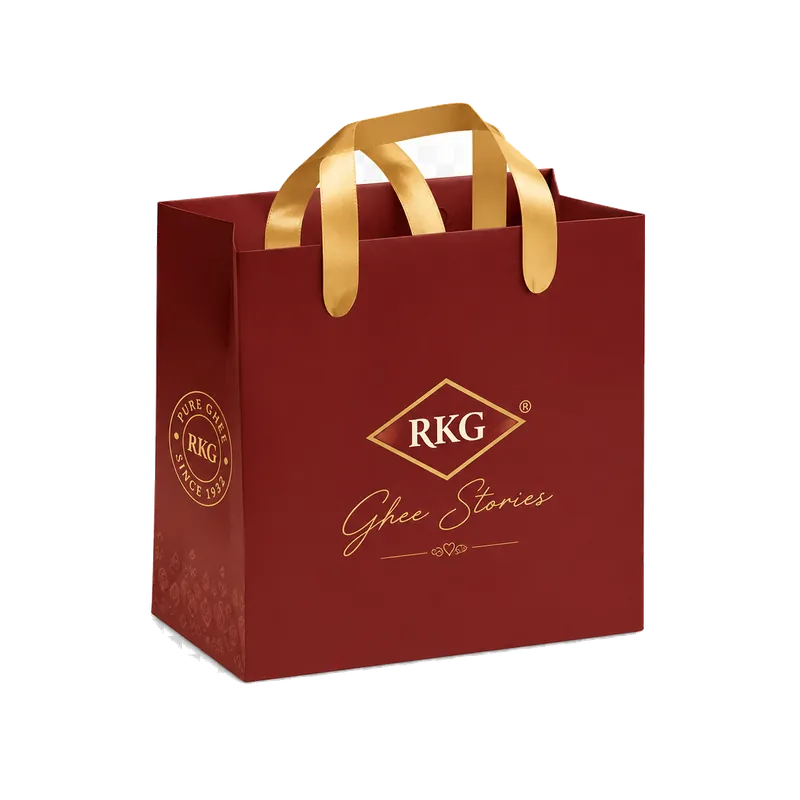 RKG Ghee Stories maroon shopping bag with gold handles